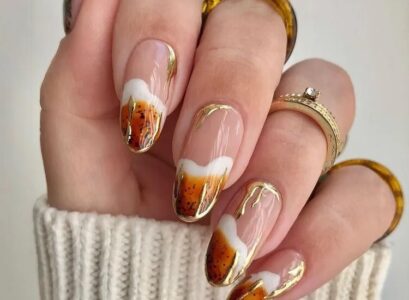 elegant pumpkin spice ombre nails gold decorations fall 2023
