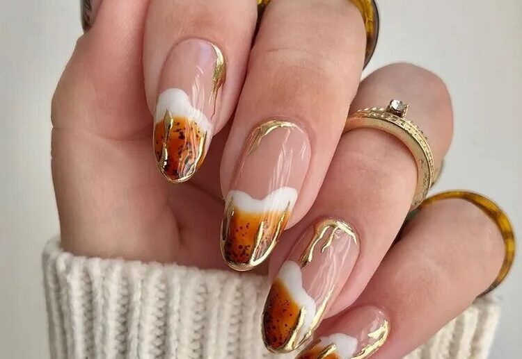 elegant pumpkin spice ombre nails gold decorations fall 2023