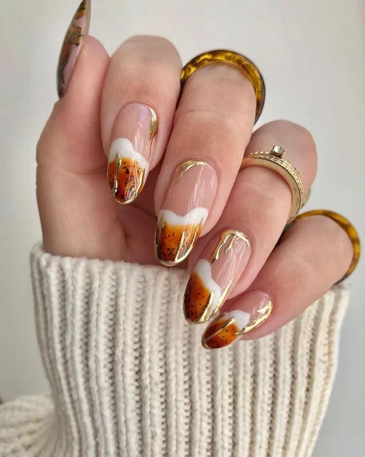 elegant pumpkin spice ombre nails gold decorations fall 2023