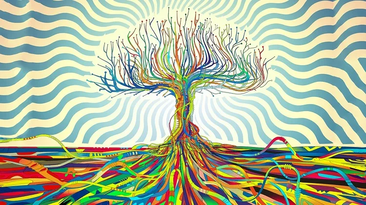 excentric painting of a tree with roots