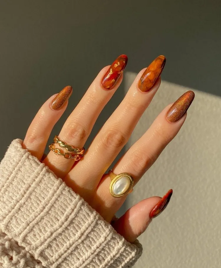 fall 2023 nail decorations with glitter long almond