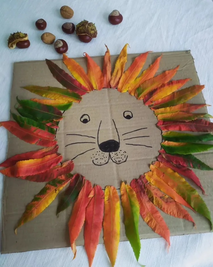 fall leaves cardboard lion cub simple diy art project kids