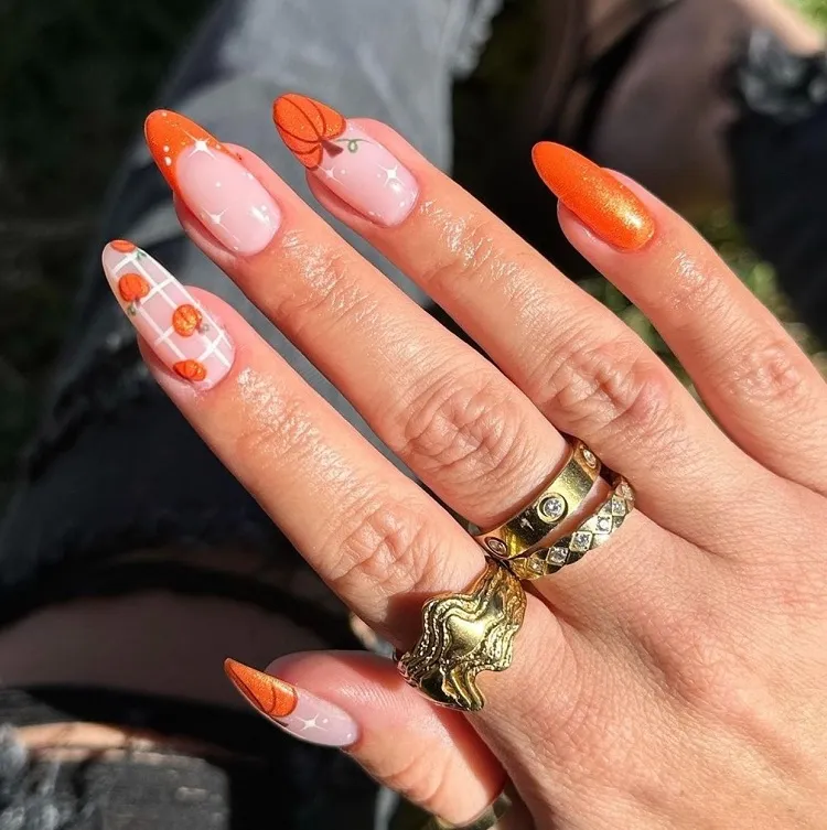 fall manicure designs pumpkin nails with orange almond shaped