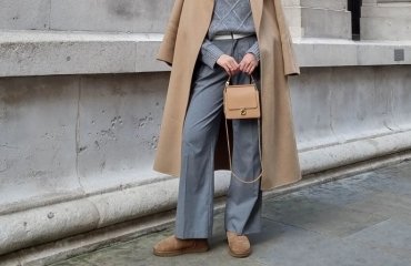 fall office outfit idea styling classic sheepskin ugg boots grey pants zip up sweater long camel coat mini beige handbah grey beanie sunglasses