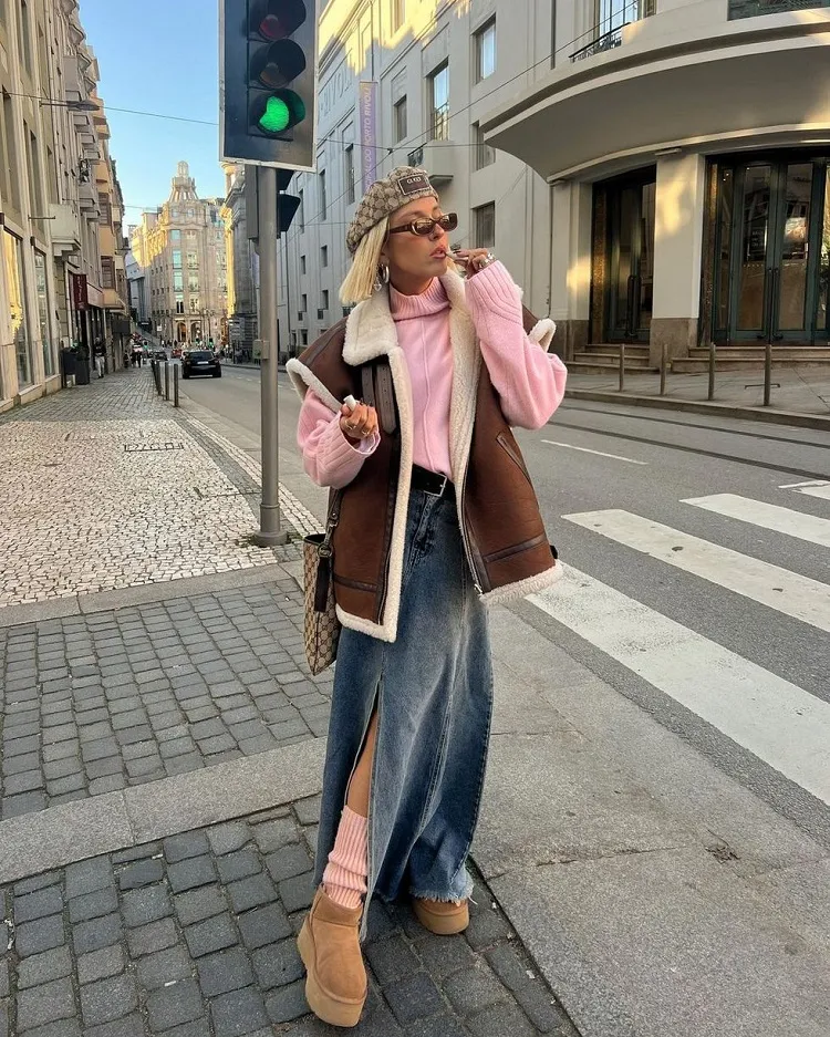 fall office outfit idea styling ugg boots ultra mini platform classic long denim skirt pink sweater sheepskin vest flat cap