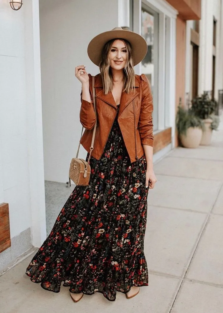 floral maxi dress for autumn outfit with leather jacket