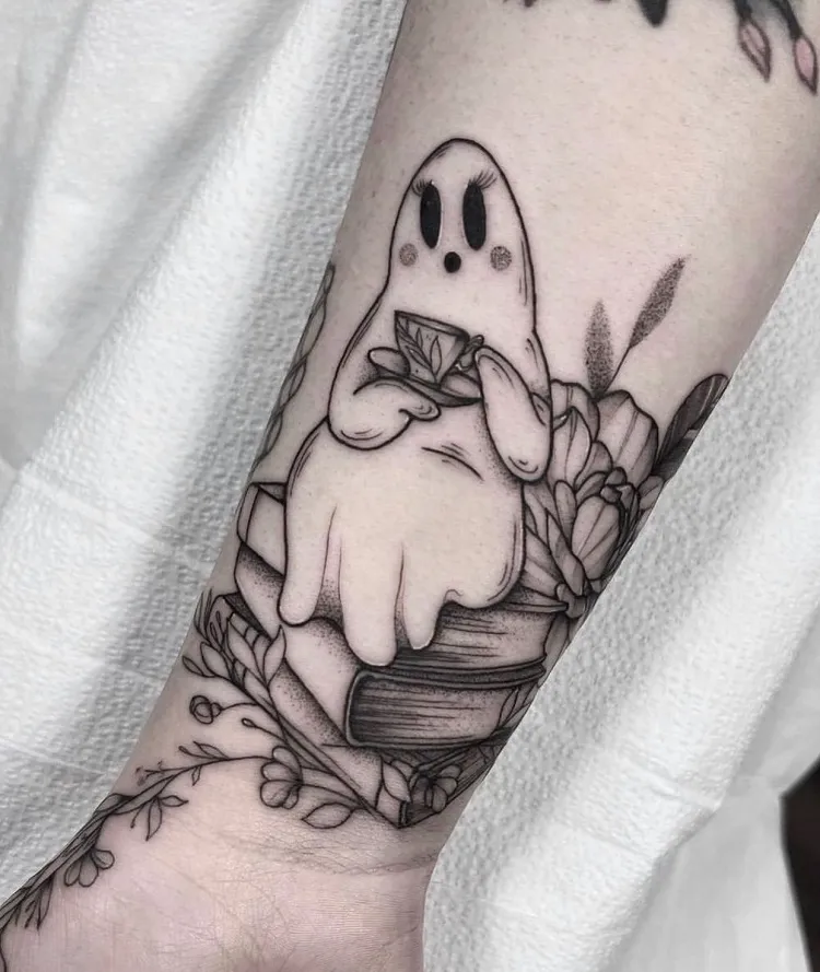 ghost drinking a tea halloween tattoos for women