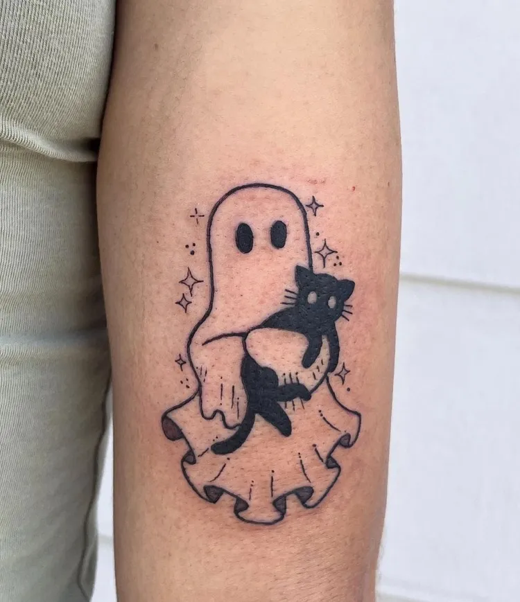 ghost holding a black cat halloween tattoo