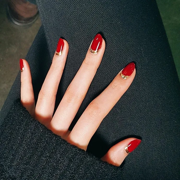 gold reverse french tips red fall nails design ideas