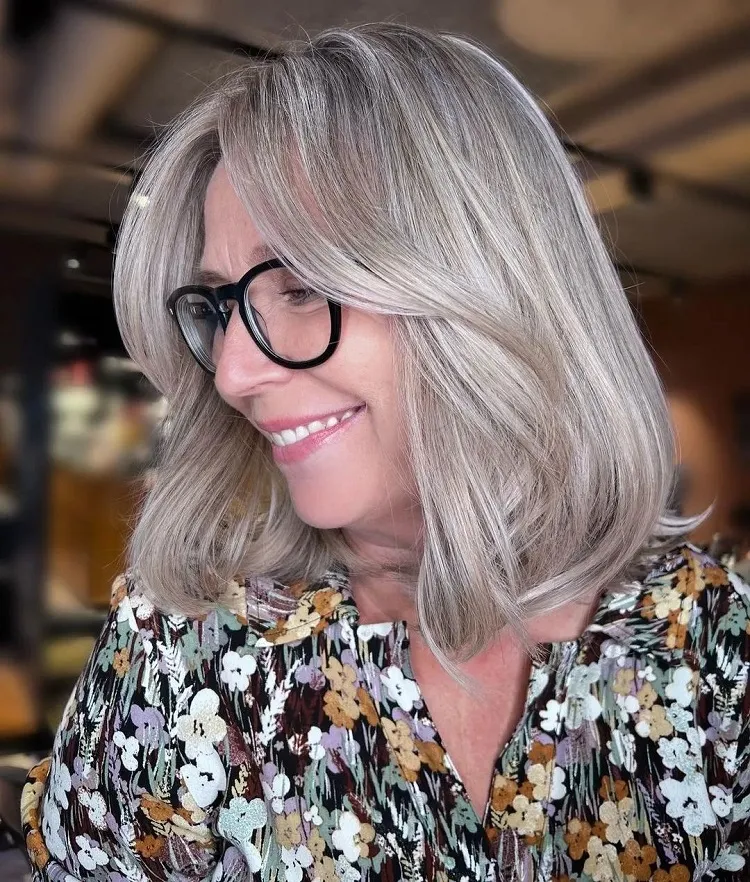 gray medium length hairstyle over 50 with glasses