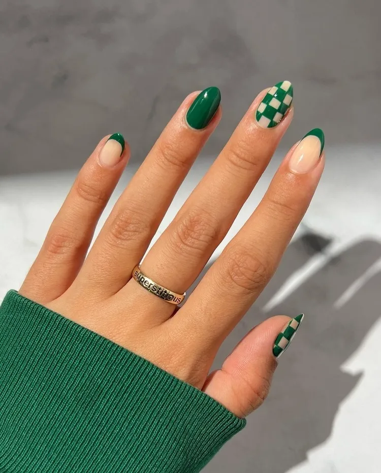 green nail art geometric design french manicure