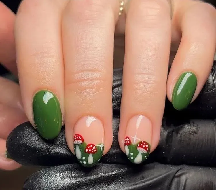 green nail art inspired by nature mushroom manicure on short nails