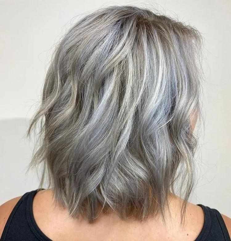 grey blonde hair with pastel highlights for a 50 year old woman