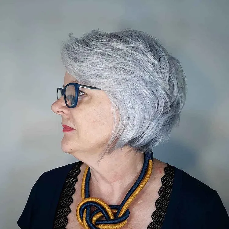 grey textured bob hairstyle for older women