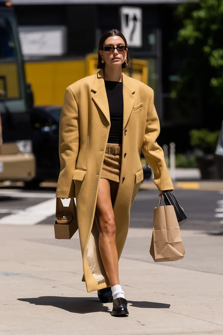 hailey bieber chunky loafers outfit