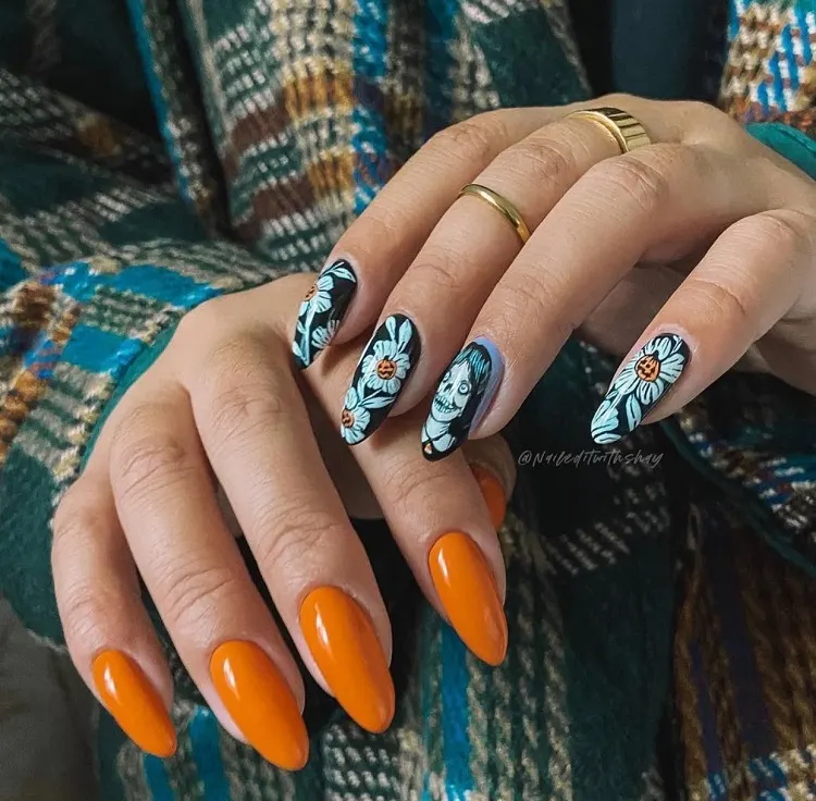 halloween pumpkin nails 2023 orange almond shaped black