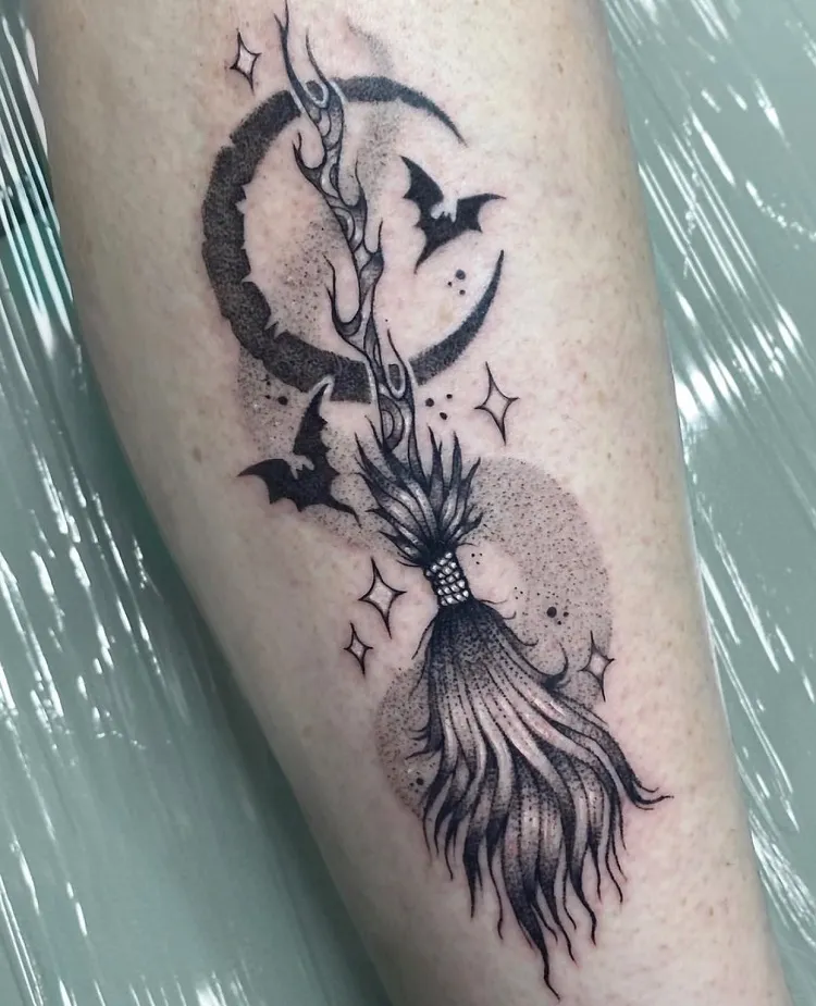 halloween tattoo half moon and witches broom