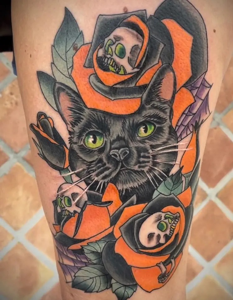 halloween tattoos with a cat black and orange colorful
