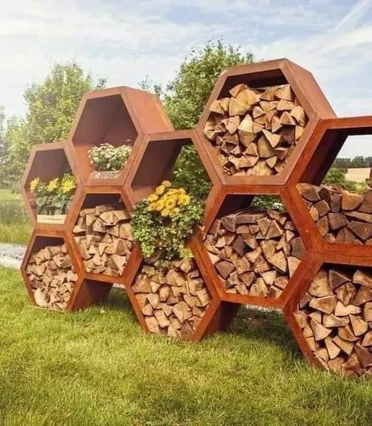 hexagonal corten steel shelves for firewood storage outdoors