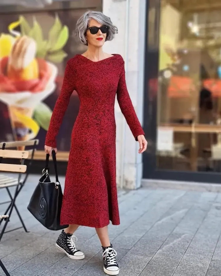 how to be stylish at 70 woman's age long fall dress trend