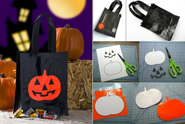 how to make halloween bag with pumpkin motif out of a shopping bag and adhesive tape