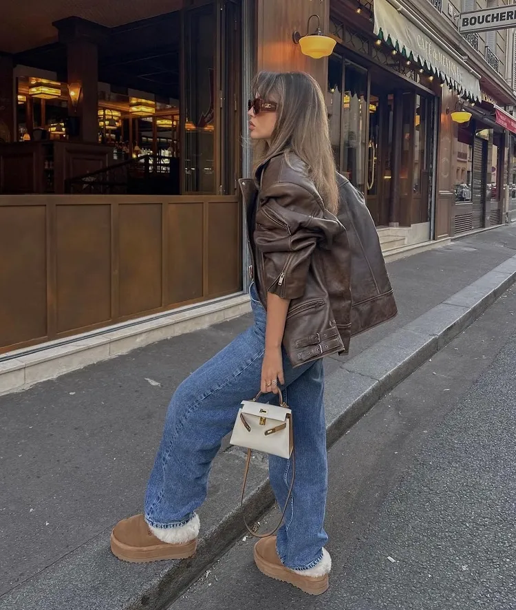 how to style strap slingback ugg slippers muffin platform for work mom jeans oversized brown leather jacket mini handbag sunglasses