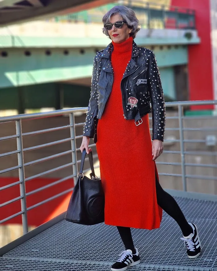how to wear color over 60 long red knitted dress leather jacket casual sneakers