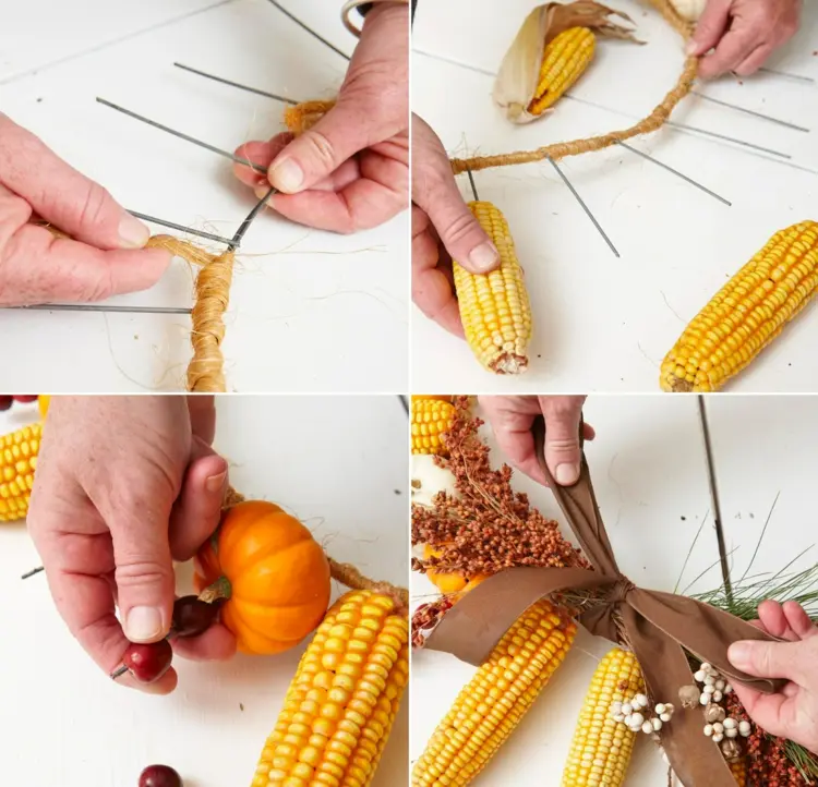 instruction for an autumnal door wreath with corn and chewing bits