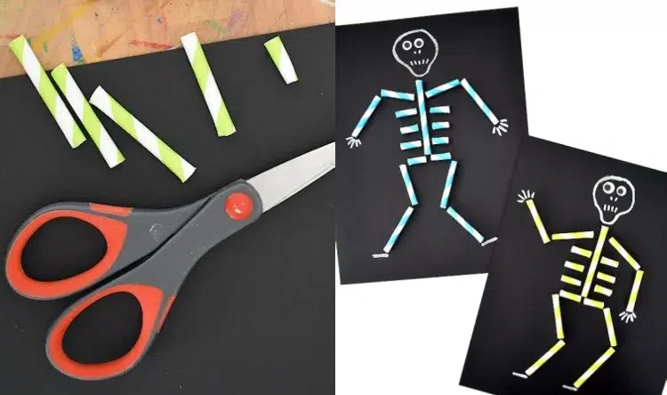 kindergarten halloween crafts with straws black paper skeletons