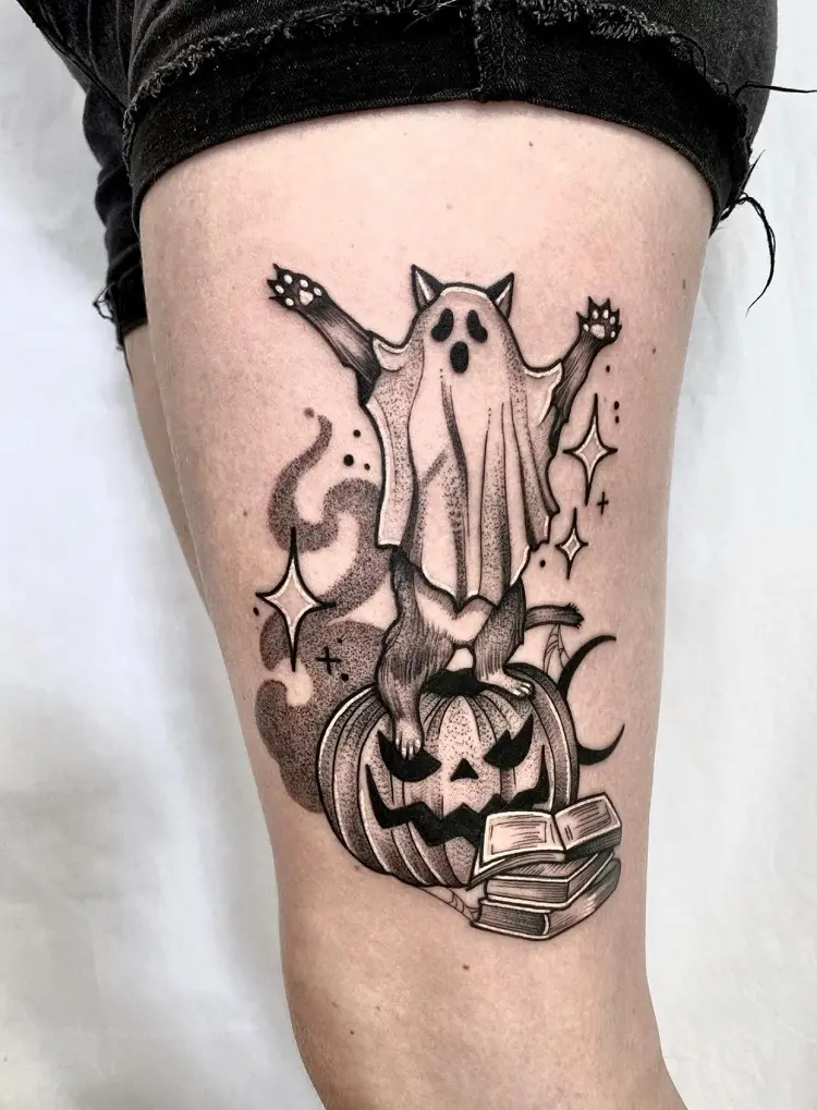 leg halloween tattoo for women with cat ghost pumpkin