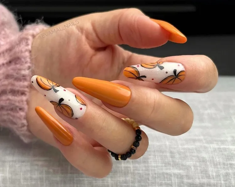 long orange pumpkin nails 2023 stiletto