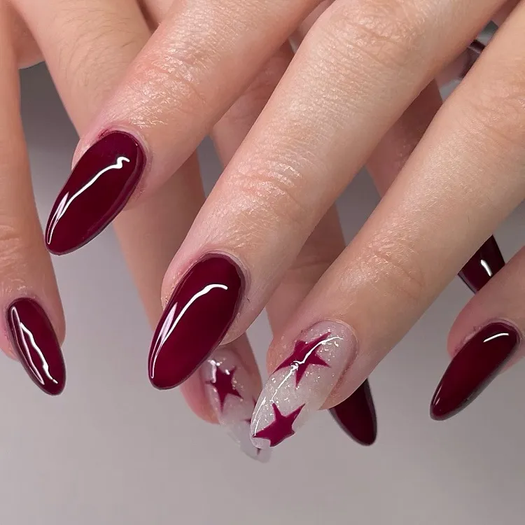 long oval cherry red nails star design idea 2023