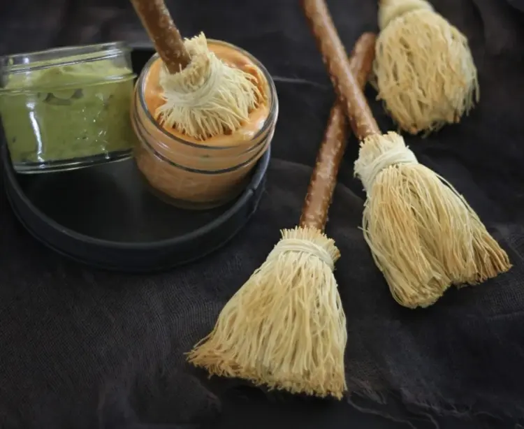make edible witch broom craft from angel hair and salt sticks
