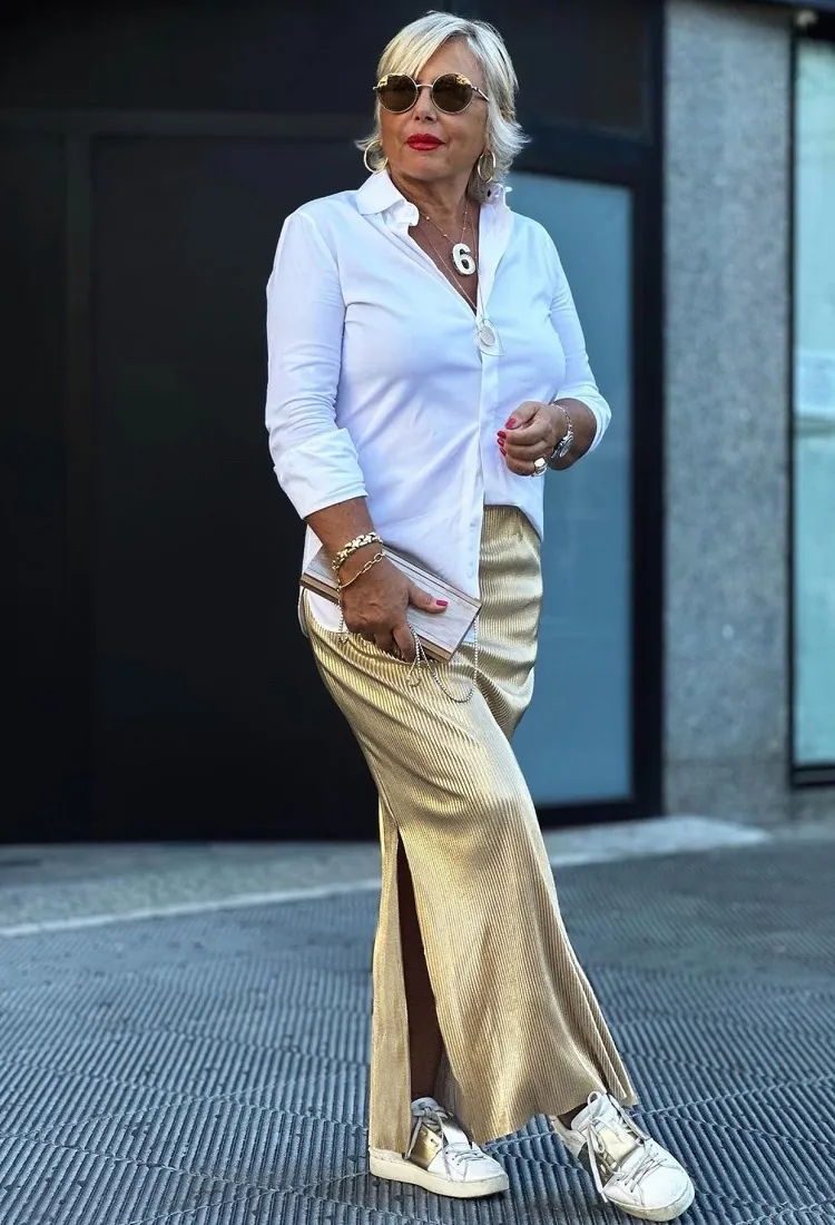 maxi pencil skirt golden fall outfits for women over 50 2023