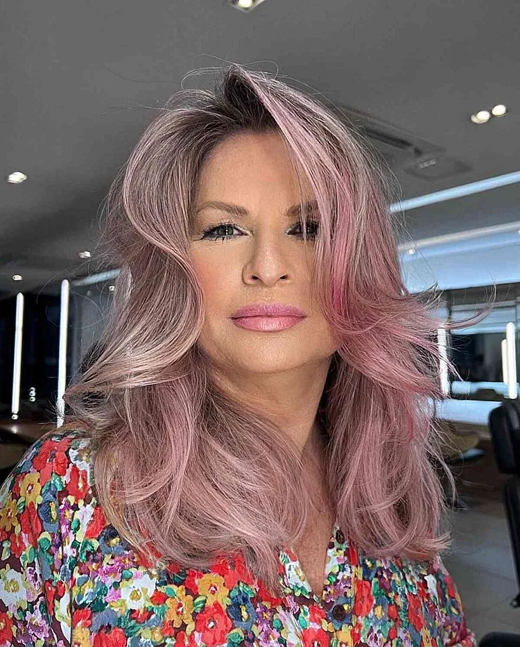 medium length pink balayage for ladies over fifty