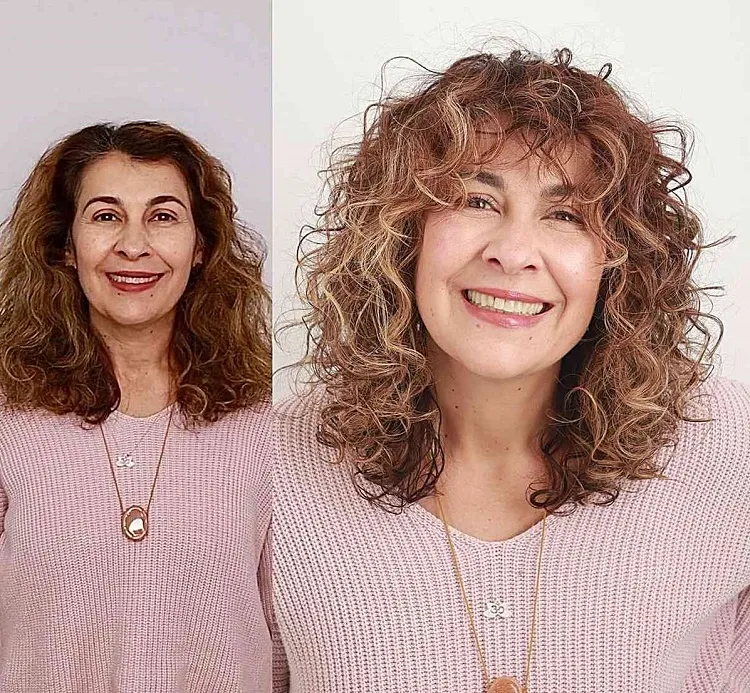 mid length loose and wild messy curls for older women