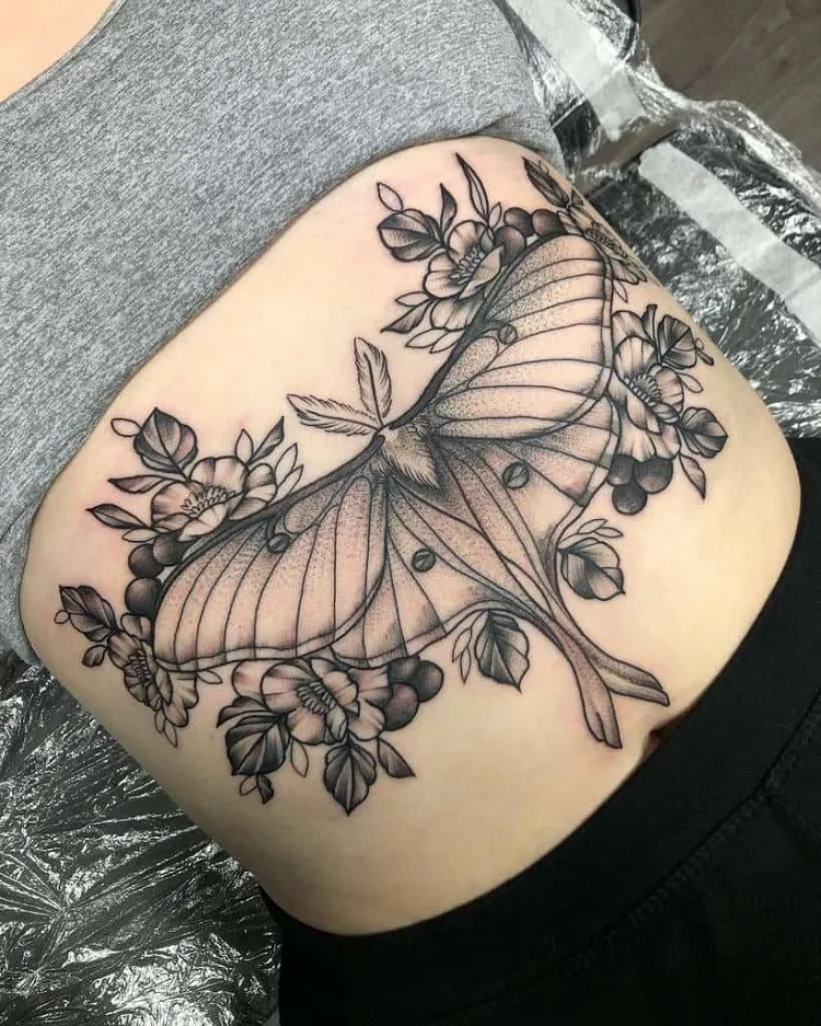 moth tattoo stomach design women