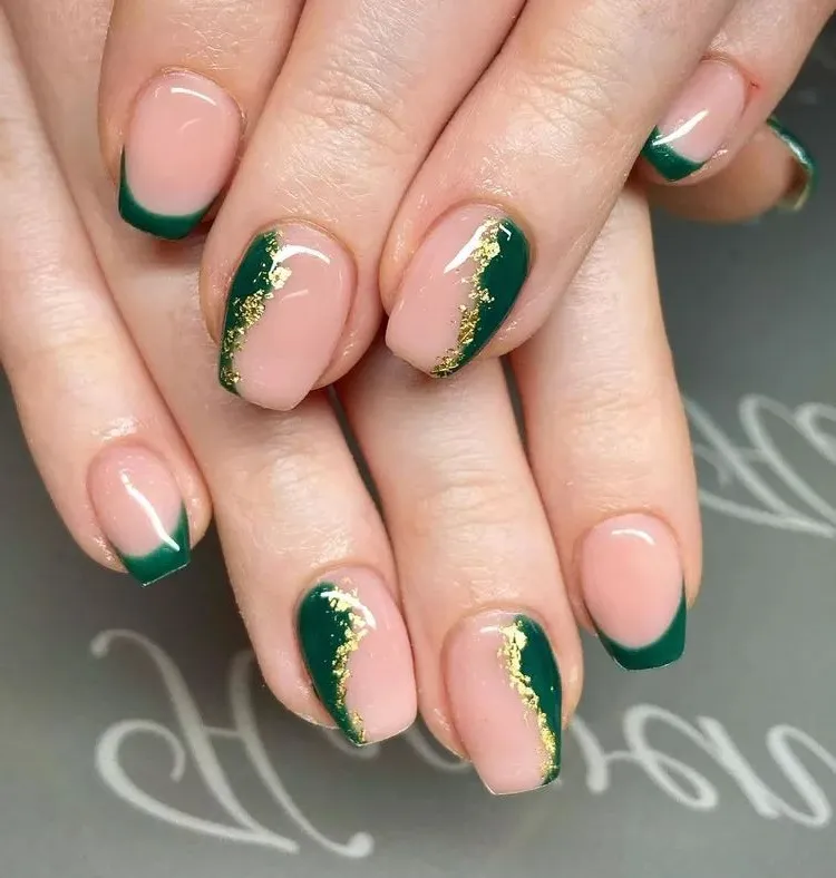 nail trend 2023 green nail art ideas with gold festive manicure