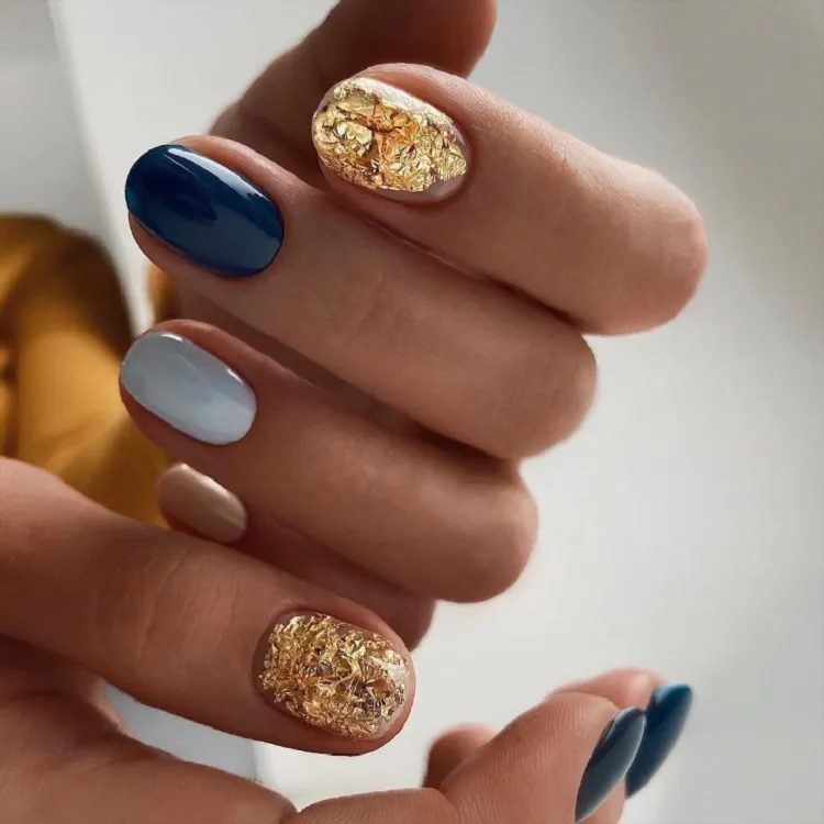 navy blue gold leaf nail design fall 2023