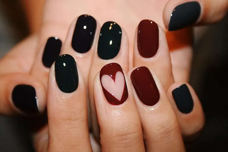negative space cherry red heart short round nails fall design ideas 2023