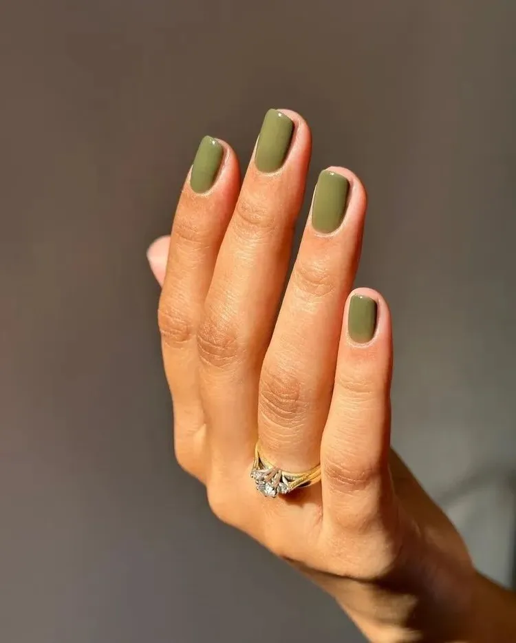 olive green nail art on short nails