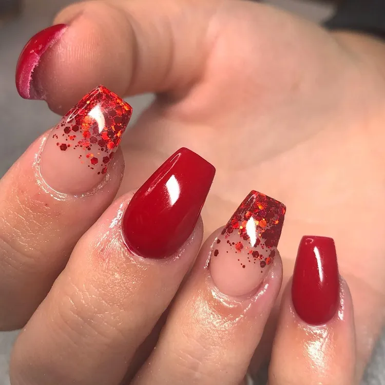 ombre cherry red glitter french tips ballerina nails