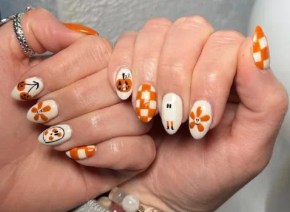 orange and white short halloween nails 2023