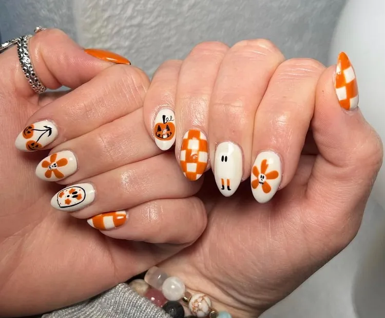 orange and white short halloween nails 2023