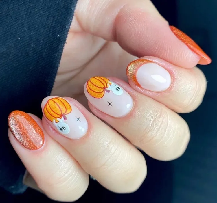 orange pumpkin and ghost cute short halloween nail designs