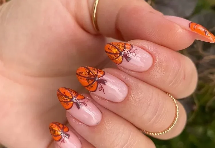 orange pumpkin french tip nails