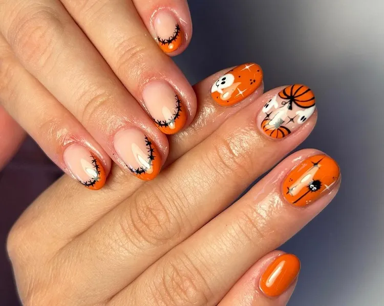 orange short almond halloween nails for mature women