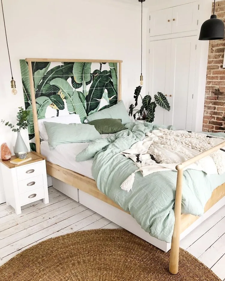 original headboard troplical wallpaper trendy bedroom decor