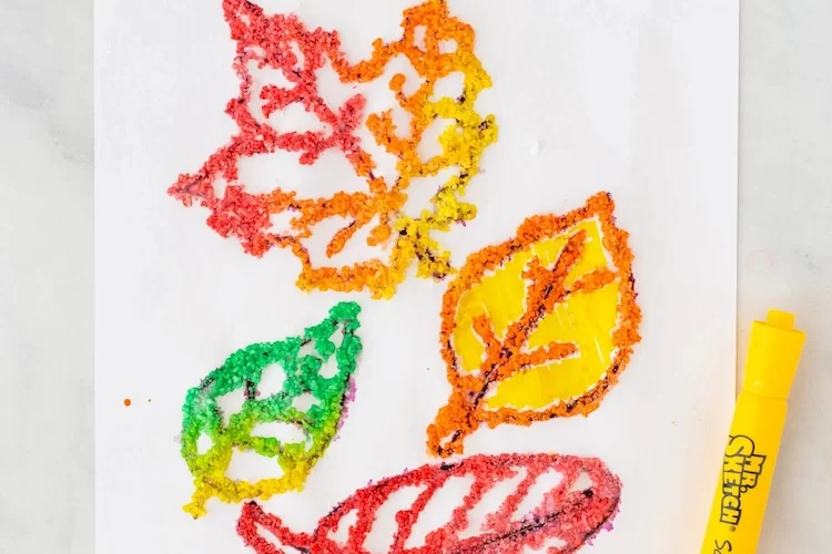 painting fall leaves with salt for kids