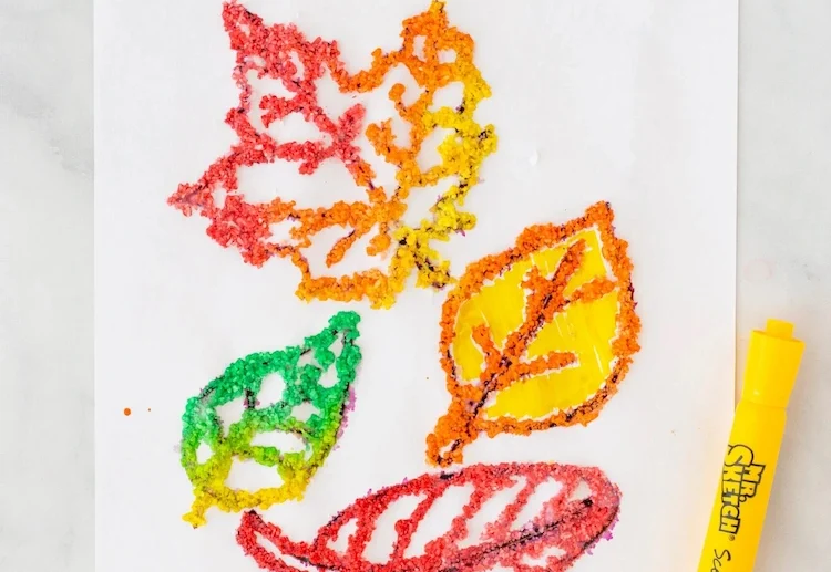 painting fall leaves with salt for kids